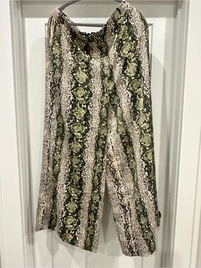 AFRM Wide Leg Snake-Print Pants in Green and Beige